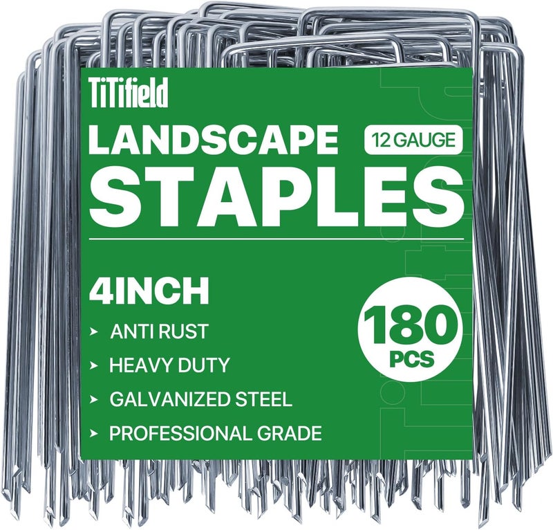 TiTifield 4 Inch 180 Pack Landscape Staples Galvanized Garden Stakes Anti-Rust Landscape Pins for Weed Barrier Fabric, Artificial Turf and Landscape Fabric - Image 1